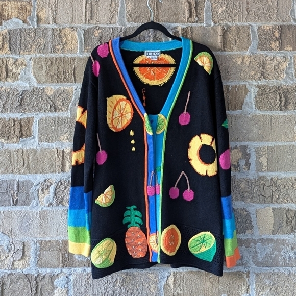 Vintage 80s Berek2 Tropical Fruit Citrus Cardigan Sweater Size Medium - Picture 8 of 8